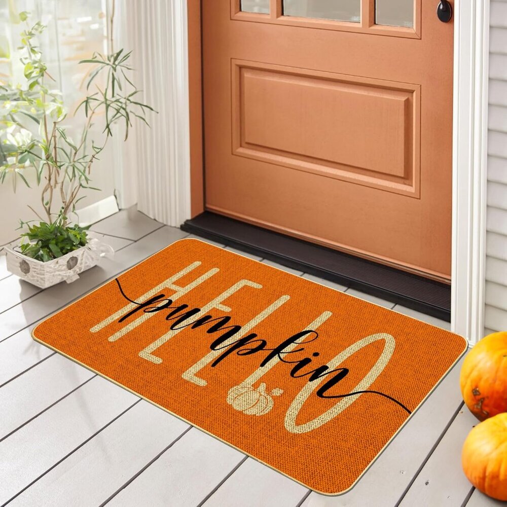 Hello Pumpkin Door Mat Welcome Decorative, Autumn Thanksiving Pumpkin Farmhouse